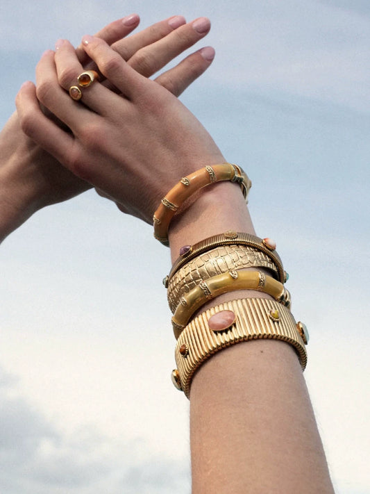 French Niche Design Natural Gemstone Agate Inlaid Bracelet, Vintage Vintage Gold Elastic Bracelet Stacked