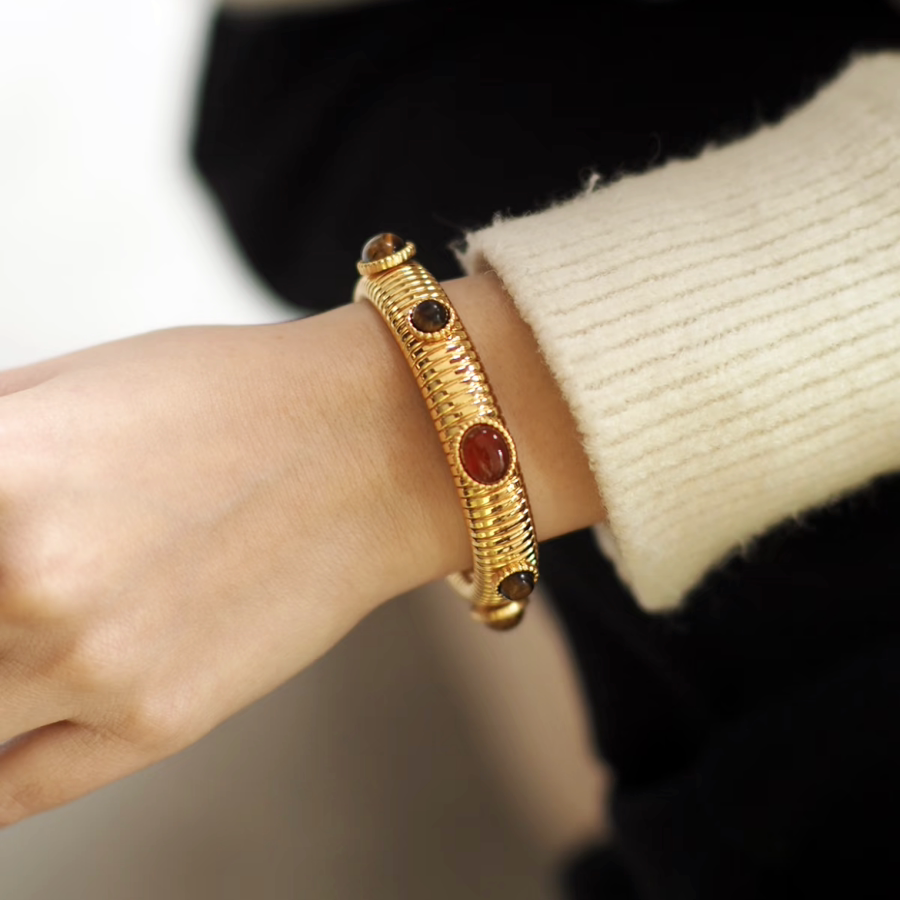 French Niche Design Natural Gemstone Agate Inlaid Bracelet, Vintage Vintage Gold Elastic Bracelet Stacked