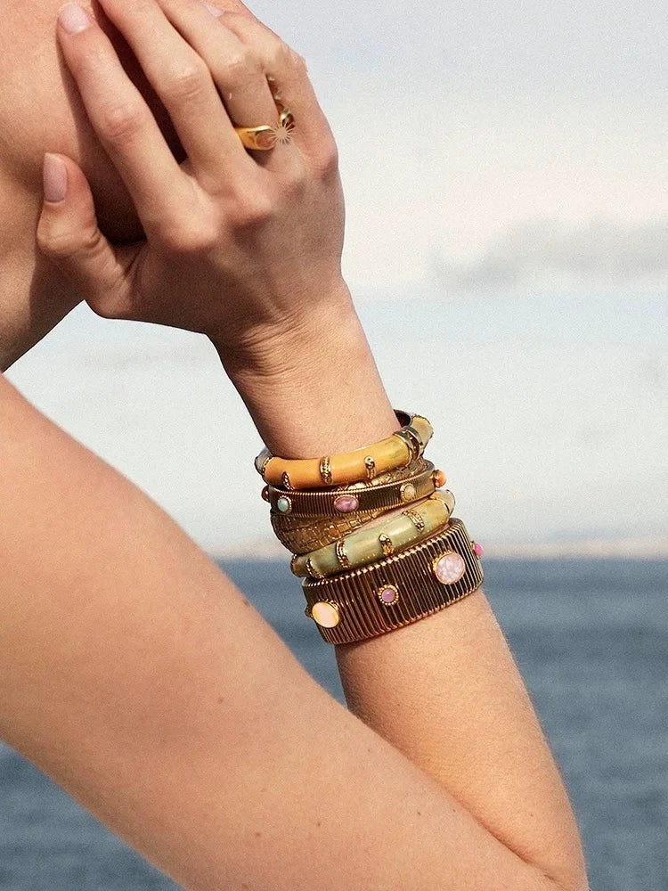 French Niche Design Natural Gemstone Agate Inlaid Bracelet, Vintage Vintage Gold Elastic Bracelet Stacked