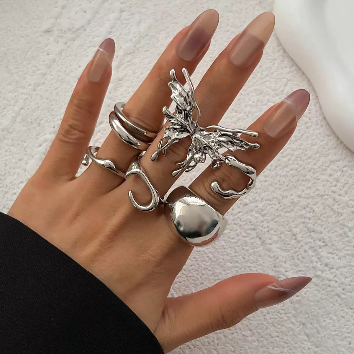 European And American Cross-Border Ins Style Liquid Lava Butterfly Ring Set Design Stacked Metal Glossy Open Ring