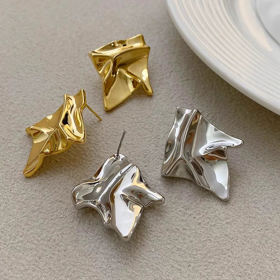Niche Design, Fashionable European And American Minimalist Style, Personalized Geometric Rhombus Pleated Irregular Gold-Plated Silver Earrings And Ear Pins