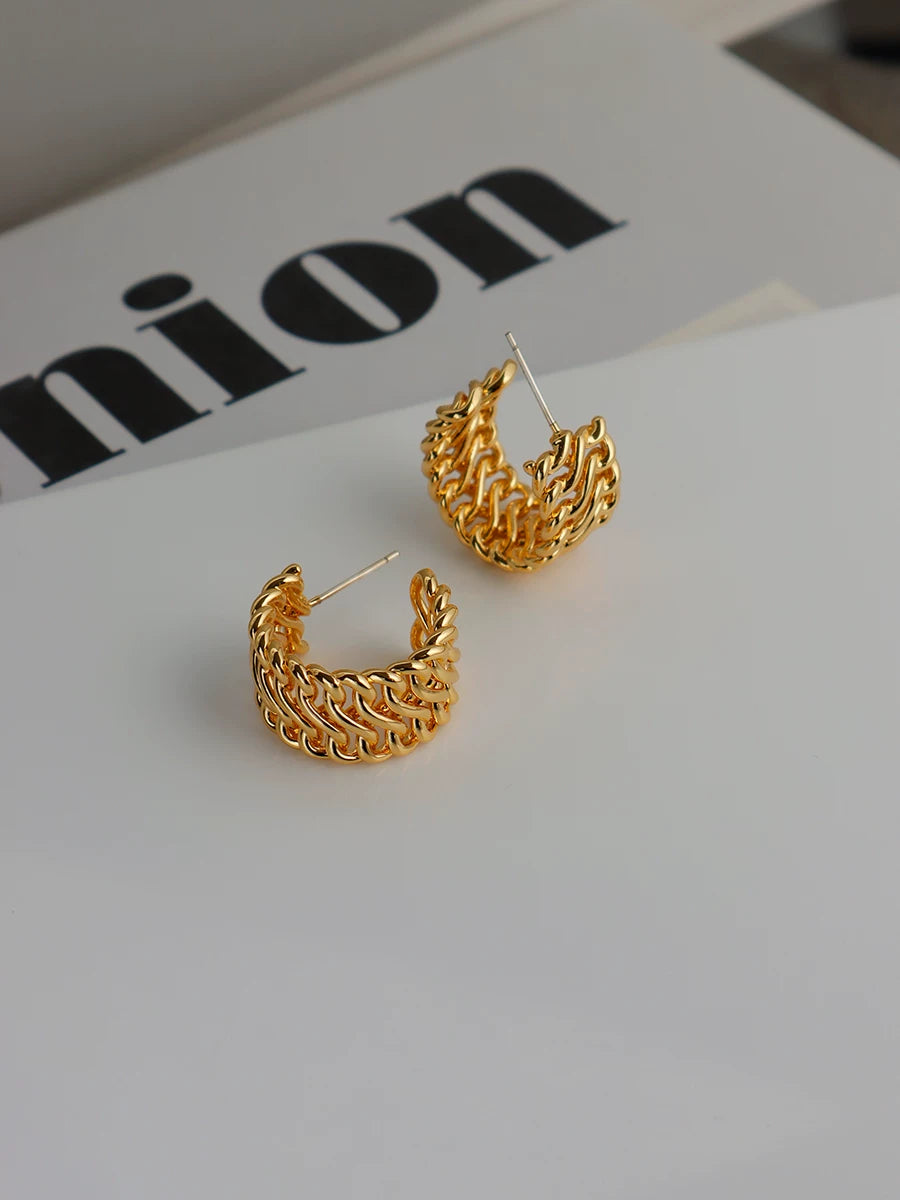 Jilifang Niche Simple European And American Cold Style Twist Braid Chain Fashionable And Versatile Gold-Plated Silver Needle Earrings