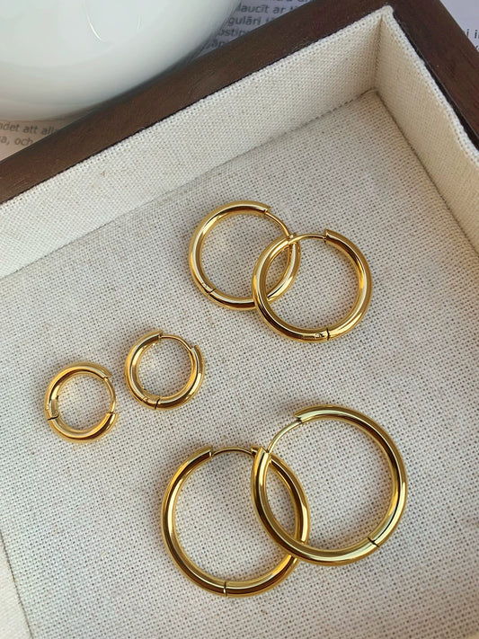 European And American Versatile Minimalist French Retro Style Gold-Plated Silver Anti-Allergenic Glossy Ring Plain Ring Stacked Earrings