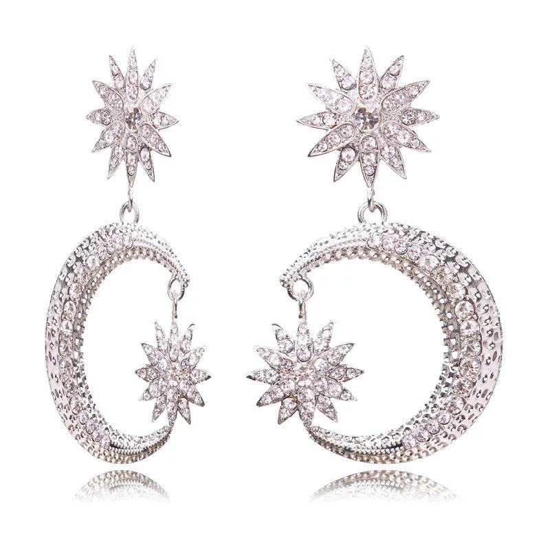 European And American Original Design Rhinestone Exaggerated Stars And Moon Long Version Full Diamond Street Shooting Sweet Alloy Earrings Earrings