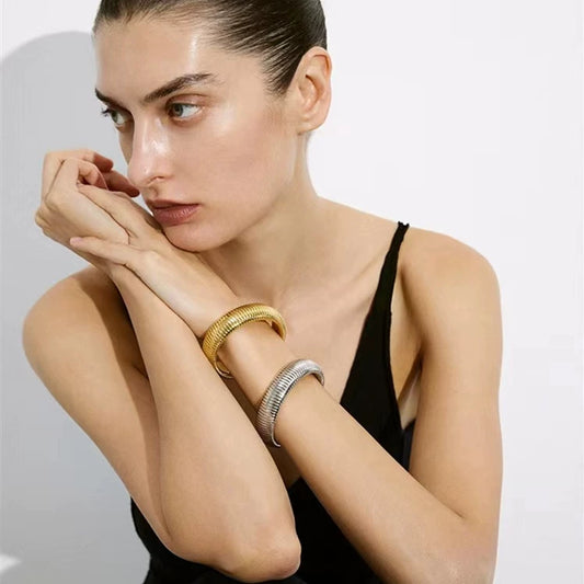 Niche Design Minimalist Wide Version Elastic Vertical Stripe Ring Bracelet Stacked With Vintage Vintage Texture Bracelet