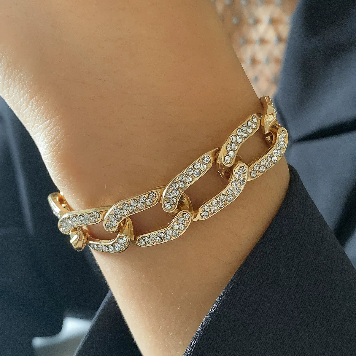 European And American Cross-Border Jewelry, Hip-Hop Diamond-Filled Cuban Chain Necklace For Women, Punk Simple Metal Chain Necklace With Rhinestones