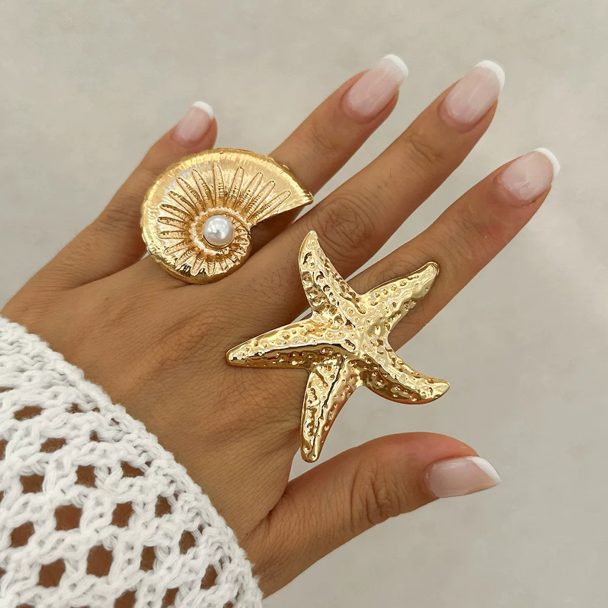 Detsccda | 2026 Metal Starfish Adjustable Ring with Imitation Pearl and Conch-Inspired Details
