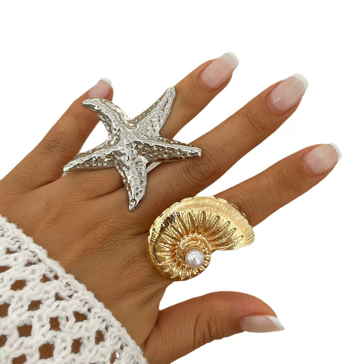 European And American Cross-Border Jewelry Beach Vacation Style Metal Starfish Ring Women'S Exaggerated Imitation Pearl Conch Adjustable Ring