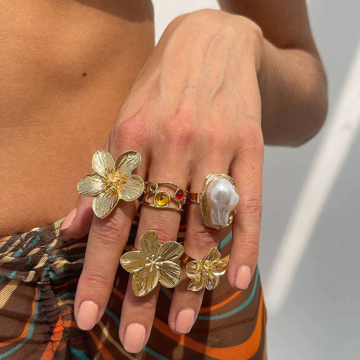 European And American Cross-Border Ins Baroque Imitation Pearl Inlaid Gemstone Ring Design Liquid Lava Flower Open Ring