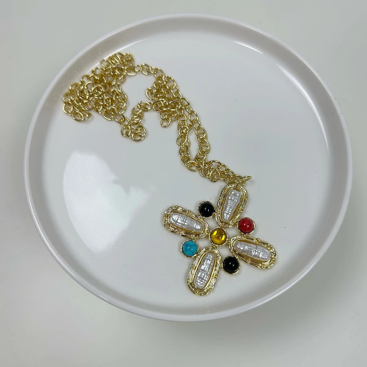 Atmshop Retro Fashion Colorful Inlaid Exaggerated Cross Blogger Stacked Gold Long Necklace Sweater Chain