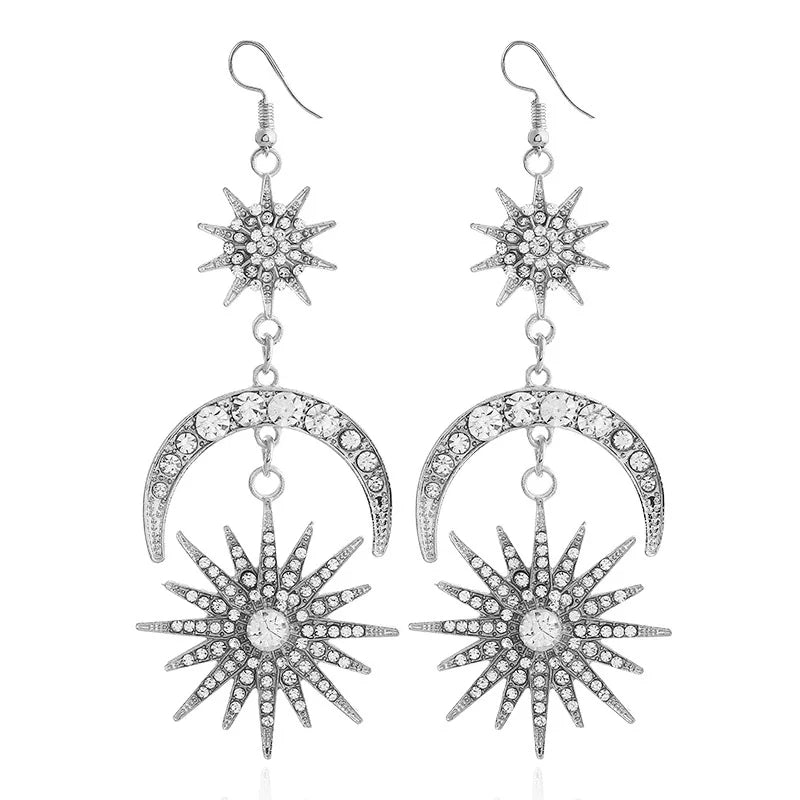 Detsccda | Original Design Rhinestone Stars and Moon Long Earrings Exaggerated Full Diamond Alloy Street Style Sweet Women’s Fashion Jewelry