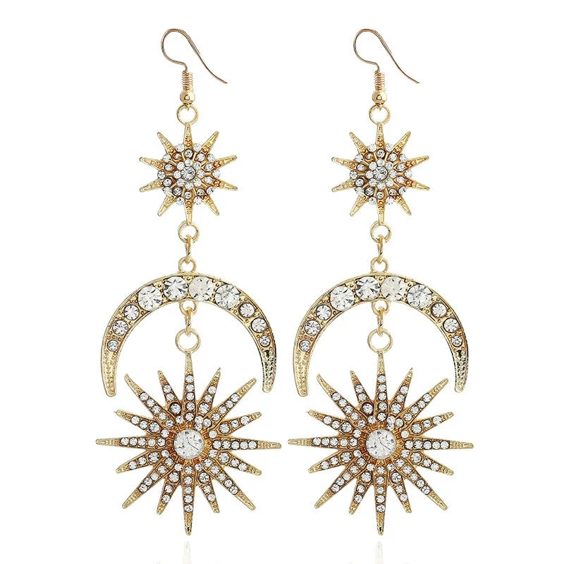 Detsccda | Original Design Rhinestone Stars and Moon Long Earrings Exaggerated Full Diamond Alloy Street Style Sweet Women’s Fashion Jewelry