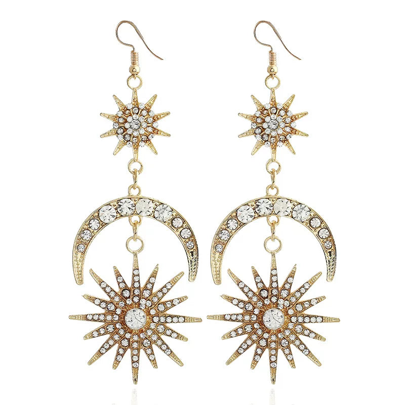 Detsccda | Original Design Rhinestone Stars and Moon Long Earrings Exaggerated Full Diamond Alloy Street Style Sweet Women’s Fashion Jewelry